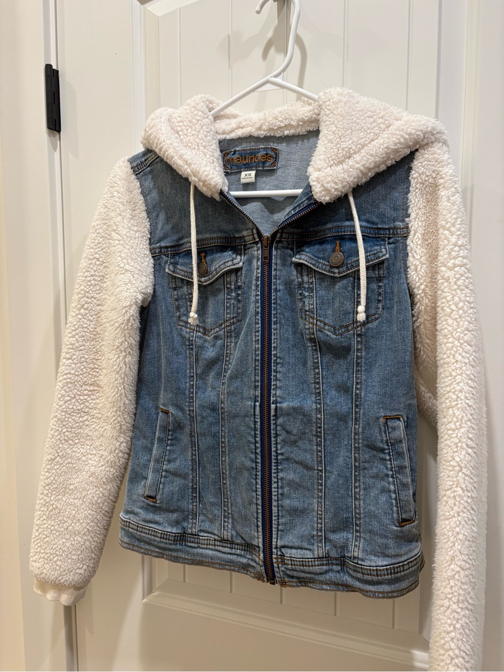 Maurices Denim Jacket with Cream Sherpa Sleeves & Hood